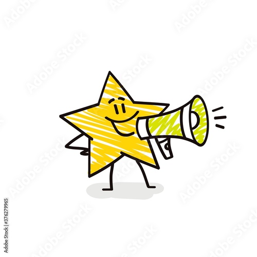 Doodle stick figures: Funny star speaks into a megaphone.