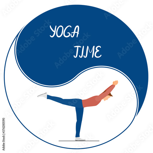Yoga time - logo for sports design. Round yin-yang sign in white and blue. Yoga exercises for men. Vector in a flat style.