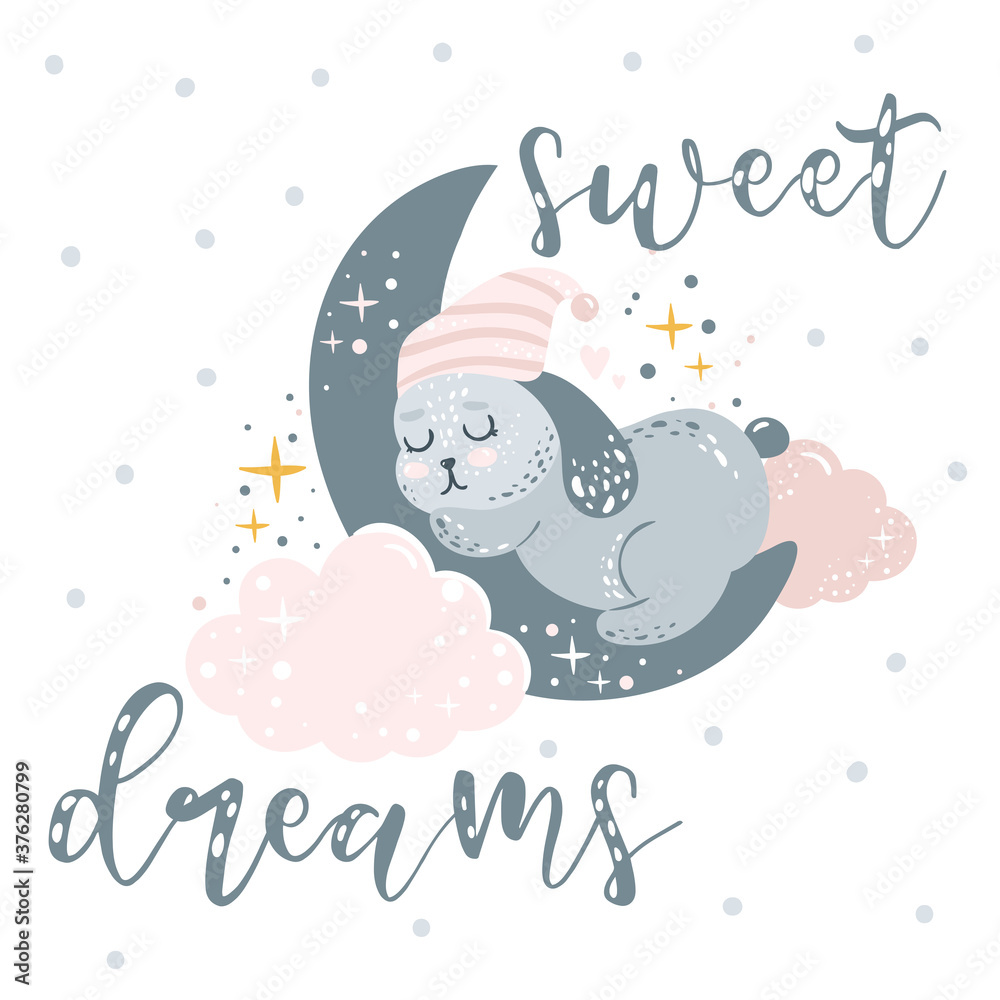 Cute little bunny sleeping on the Moon.Sweet dreams. Childish print. Can be used for poster, card, t-shirt, clothing, baby shower celebration etc. Pastel colors, adorable wild animal. Nursery poster. Cute little bunny sleeping on the Moon.Sweet dreams. Childish print. Can be used for poster, card, t-shirt, clothing, baby shower celebration etc. Pastel colors, adorable wild animal. Nursery poster.