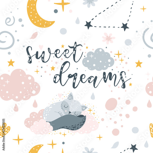 Cute, adorable childish seamless pattern. Little baby fox sleeping on clouds. Moon, stars, flowers. Can be used for prints, t-shirts, fabrics,  backgrounds. Pastel colors, minimalist design.  