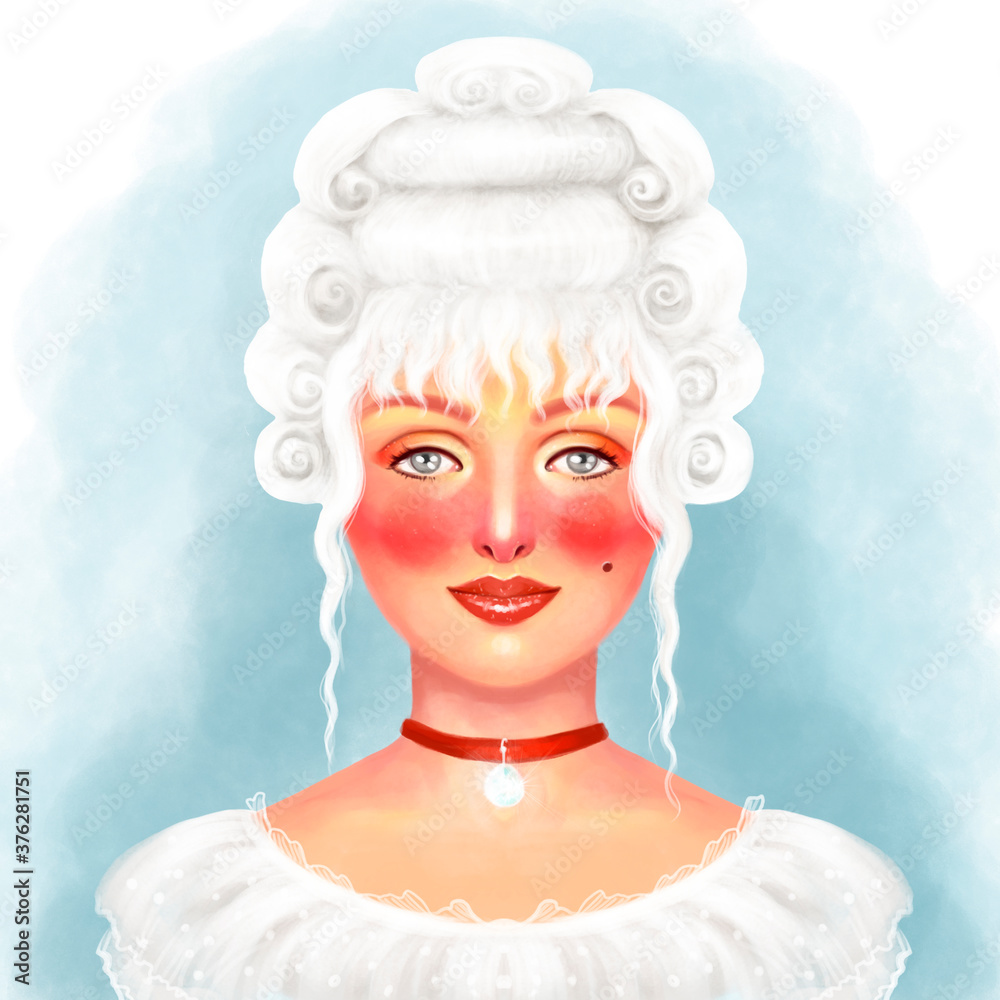 illustration of a portrait of a girl in the style of the 17th and 18th centuries, in a white wig, white dress and a velvet ribbon around her neck with decoration. A bright drawing of an old-fashioned 