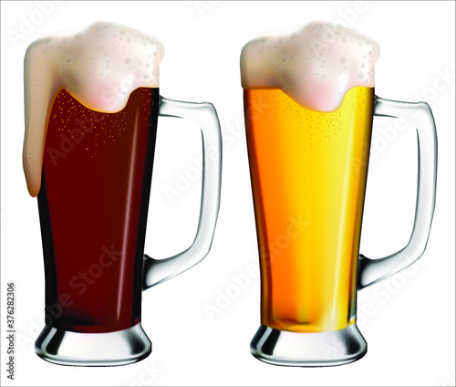 Realistic image of glass mugs with light and dark beer.
 Oktoberfest holiday.