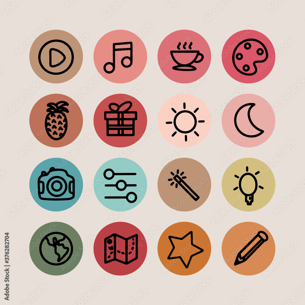 doodle icons set with map, planet, moon, sun, coffee, settings, star, photo, palette, play pineapple. Vector illustration doodle icons set with map, planet, moon, sun, coffee, settings, star, photo, palette, play pineapple. Vector illustration