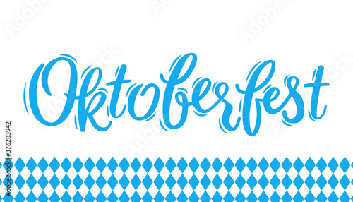 Oktoberfest lettering calligraphy for traditional Bavarian beer festival. Handwritten lettering. Design for greeting cards and poster with seamless Bavarian rombic pattern