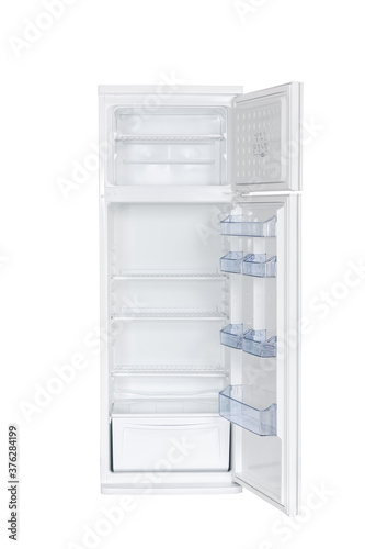 Open an empty two kamer fridge Refrigerator Isolated on White Background. Modern Kitchen and Domestic Major Appliances.