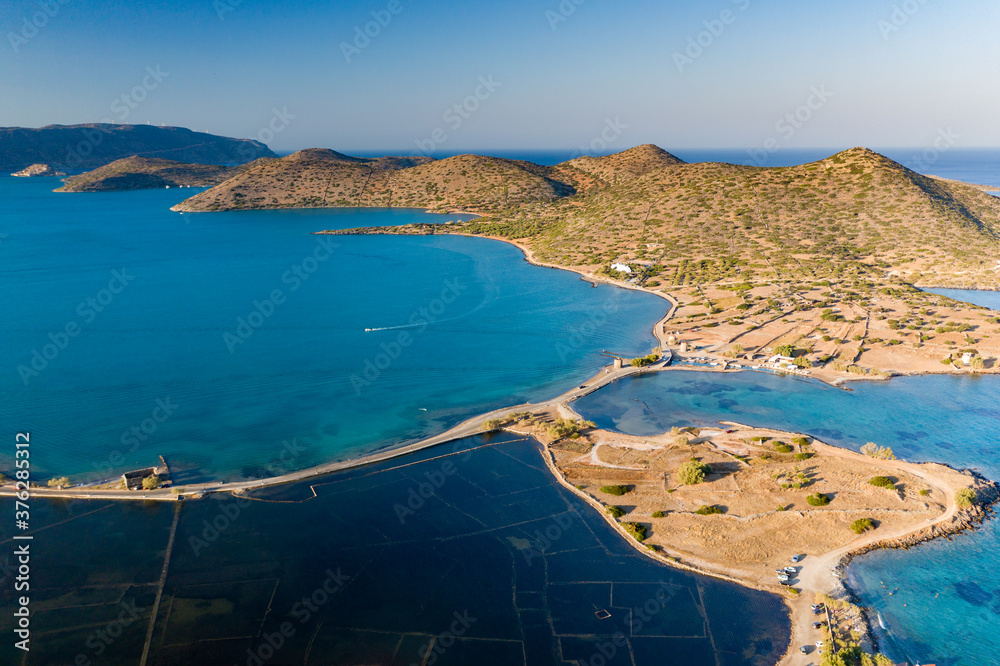 Aerial view of Elounda in Crete showing the sunken remains of the ancient Minoan city of Olous