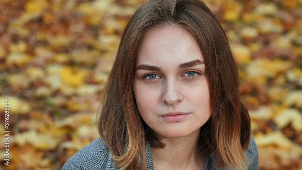 Portrait of a young and beautiful girl against a background of yellow leaves. Face close up. Portrait of a young and beautiful girl against a background of yellow leaves. Face close up.