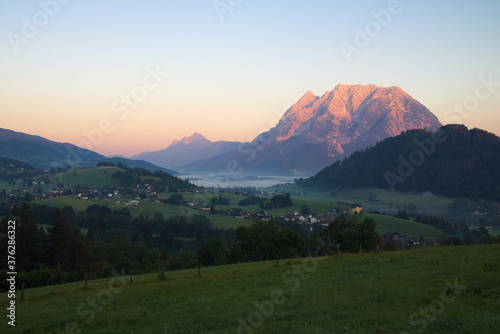 Obraz na płótnie Landscape of Enns valley with mount Grimming at sunrise, Styria, Alps, Austria w salonie