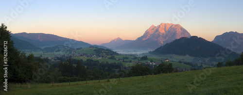 Obraz na płótnie Panorama of Enns valley with mount Grimming at sunrise, Styria, Alps, Austria w salonie