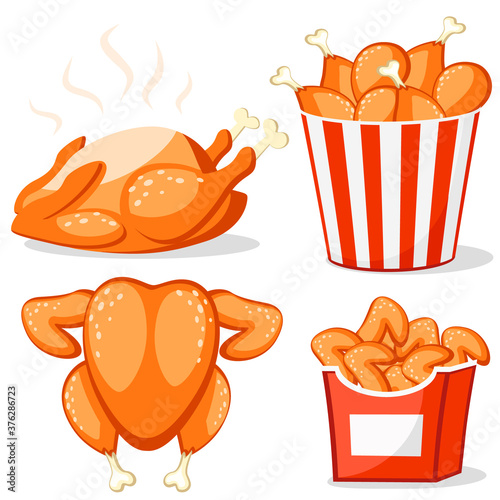 Set of grilled chicken whole, drumstick and wing in packaging