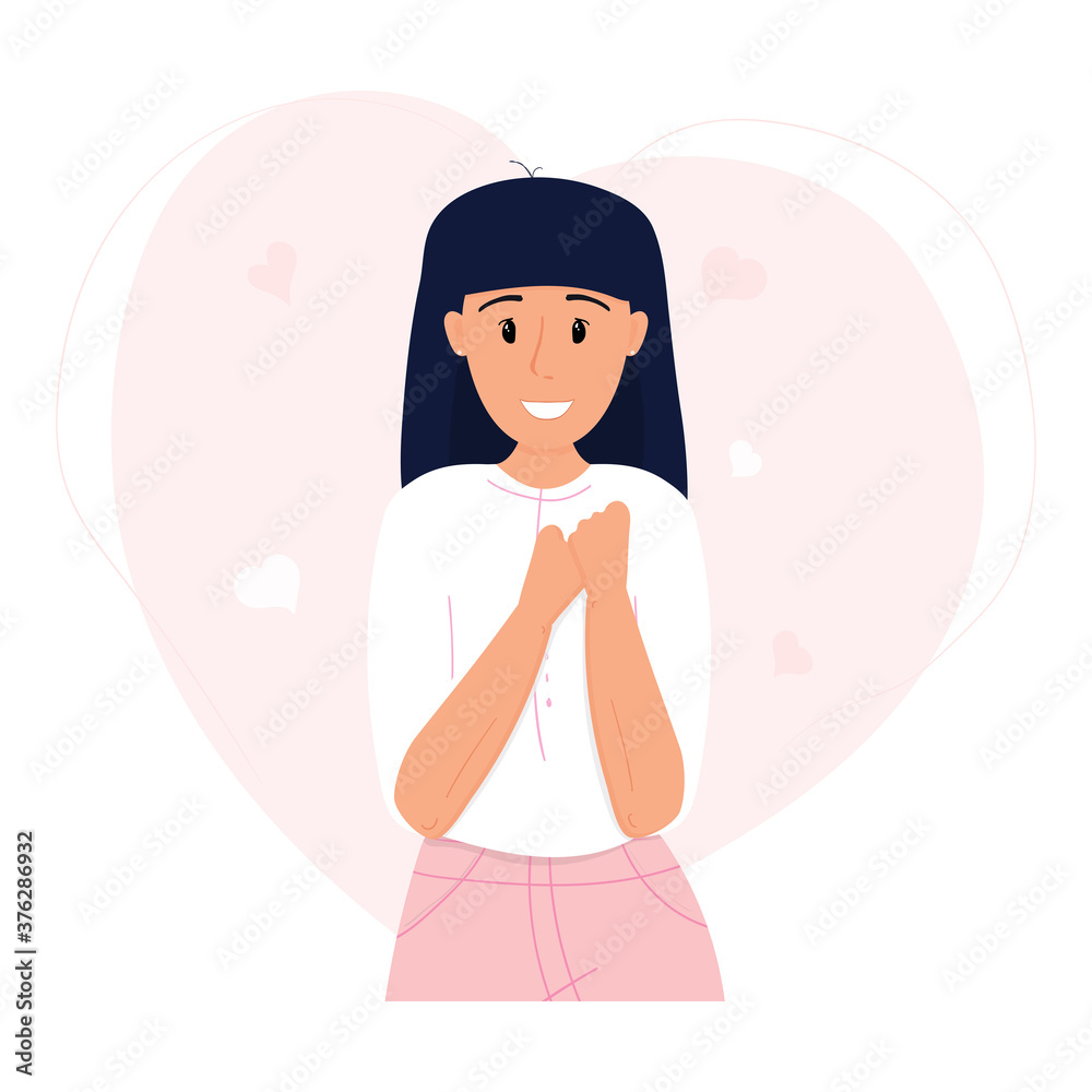 Love yourself, self care concept. Vector stock illustration in flat cartoon design isolated on white background. Smiling woman hug herself on heart background. Body positive. Love yourself, self care concept. Vector stock illustration in flat cartoon design isolated on white background. Smiling woman hug herself on heart background. Body positive.