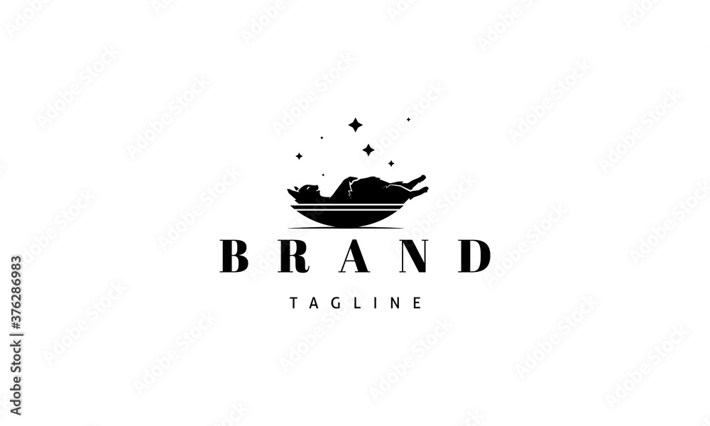 Vector logo on which an abstract image of a sleeping cat in a bowl.