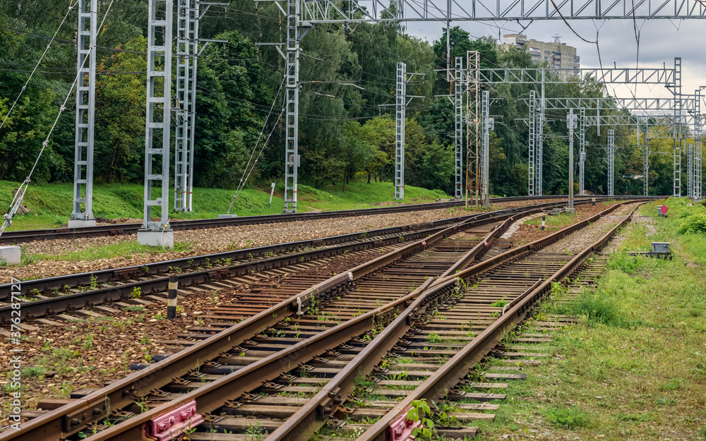 Fototapeta premium Railroad tracks in the green area of the city.
