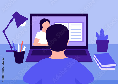 Online education and distance learning at home, rear view boy. Home school. Laptop video conferencing to woman teacher. Video call online meeting. Workspace, remote work, virtual meeting. Vector flat