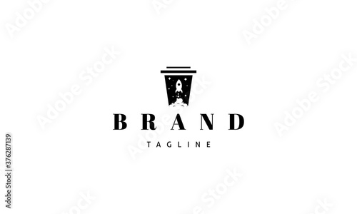 Vector logo on which an abstract image of a rocket launching against the background of a coffee glass.