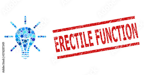 Circle collage electric light and ERECTILE FUNCTION unclean stamp seal. Seal includes ERECTILE FUNCTION text between parallel lines. Vector collage is based on electric light icon,