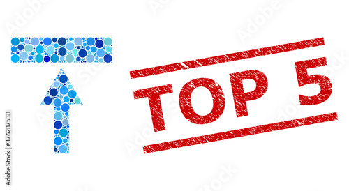 Circle mosaic move top and TOP 5 unclean stamp seal. Stamp seal includes TOP 5 text between parallel lines. Vector collage is based on move top icon, and made of scattered blue circle elements.
