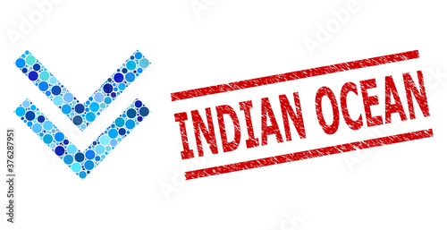 Round dot mosaic shift down and INDIAN OCEAN textured stamp seal. Seal includes INDIAN OCEAN text between parallel lines. Vector mosaic is based on shift down icon,