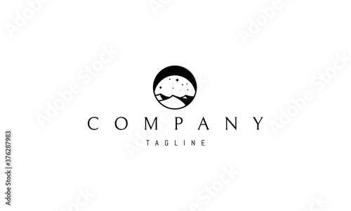 Vector logo with an abstract image of mountains and an inverted moon on top.