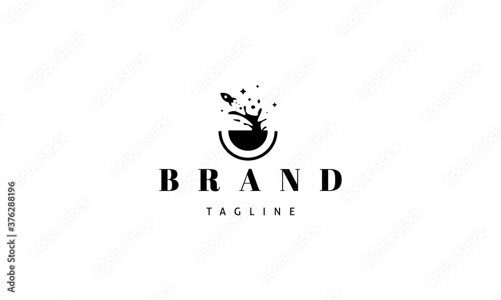 Vector logo on which an abstract image of a rocket flying out of a cup of coffee.