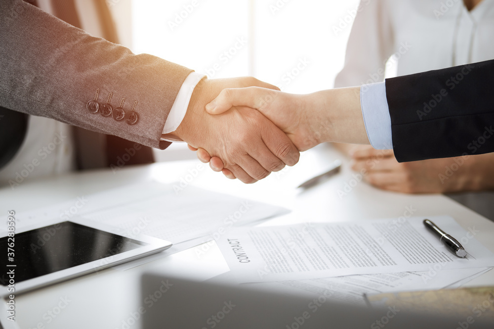 Obraz premium Business people shaking hands finishing contract signing in sunny office, close-up. Handshake and marketing
