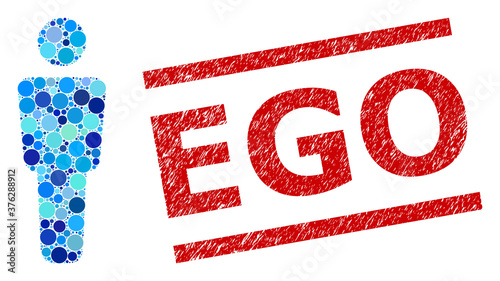 Round dot collage man alone and EGO textured stamp imitation. Stamp seal includes EGO title between parallel lines. Vector collage is based on man alone symbol,