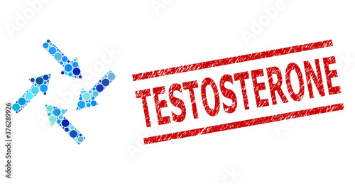 Circle composition centripetal arrows and TESTOSTERONE dirty stamp print. Stamp includes TESTOSTERONE title between parallel lines. Vector collage is based on centripetal arrows icon,