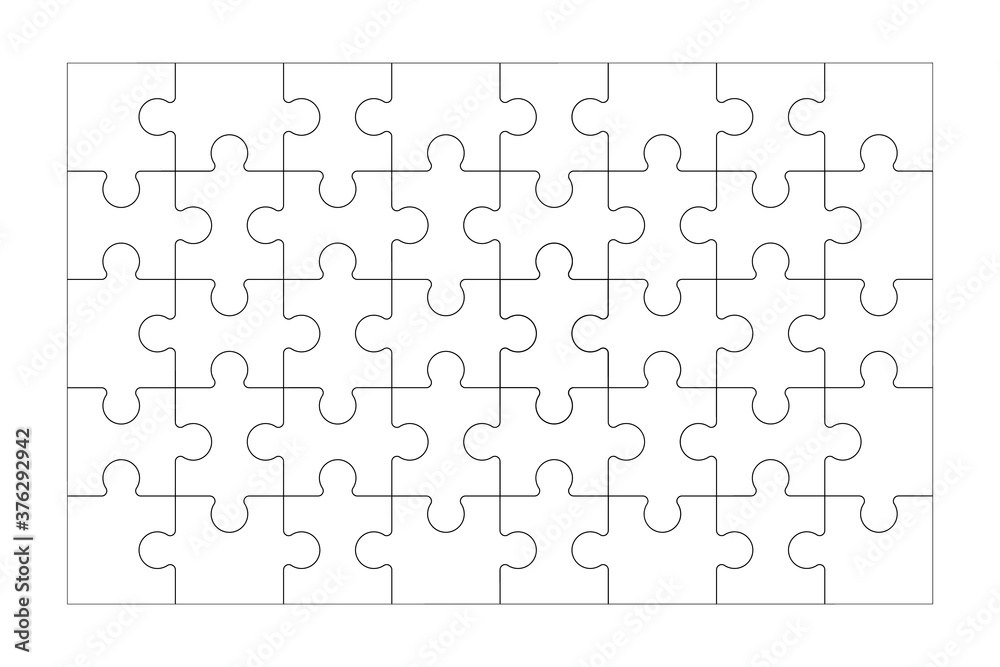 Set of black and white puzzle pieces isolated on white background vector illustration Jigsaw puzzle 40 pieces thinking game and 5x8 jigsaws detail frame design 