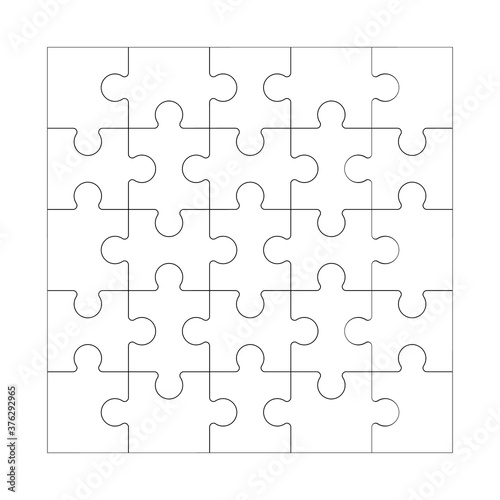 Square maze grid template Jigsaw puzzle 25 pieces thinking game and 5x5 jigsaws detail frame design Black and white stock vector illustration