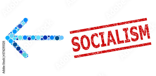 Round dot collage arrow left and SOCIALISM dirty seal. Stamp seal includes SOCIALISM text between parallel lines. Vector collage is based on arrow left icon, and formed with random blue round parts.