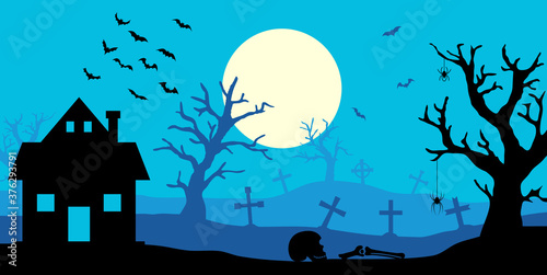 Happy Halloween banner. Halloween night background with house and trees on cemetery. Full moon in the sky and bats. Vector illustration.