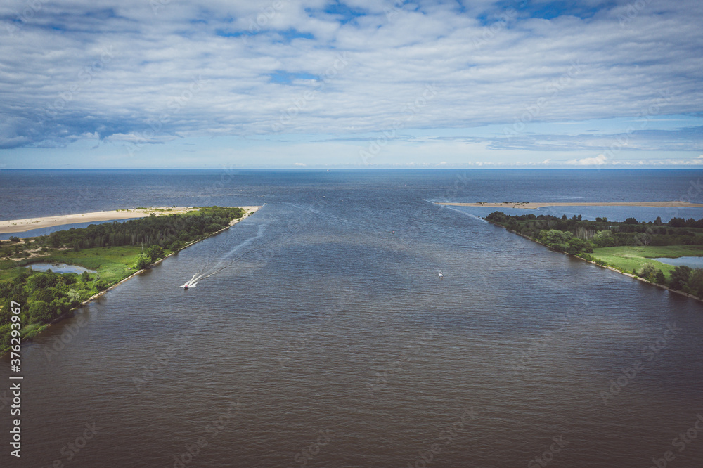 Aerial view of the Vistula river mouth to the Baltic sea, tone down image