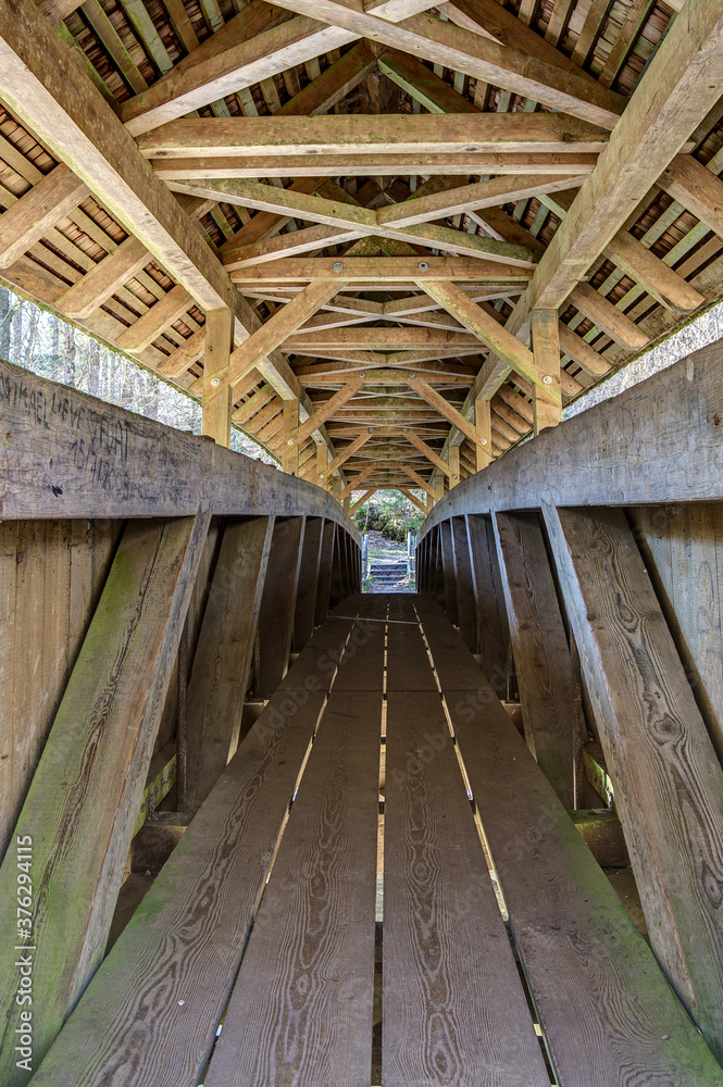 Obraz premium The Canadian Bridge is a covered wooden bridge in Wutach Canyon in Germany and was built in 1976 by Canadian pioneers. It leads from the mouth of the Gauchach to the opposite bank of the Wutach River.