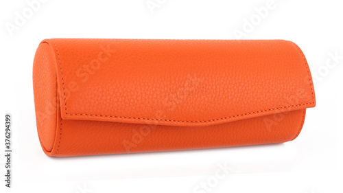 Closed new orange leather eyeglasses case photo