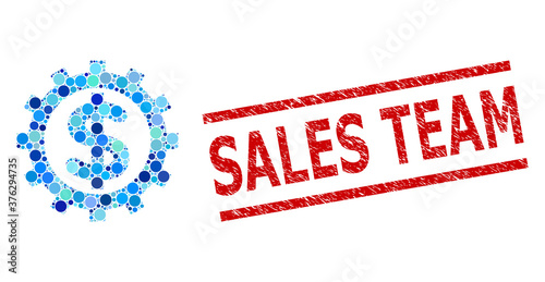 Round dot mosaic financial industry and SALES TEAM corroded stamp print. Stamp seal includes SALES TEAM tag between parallel lines. Vector collage is based on financial industry icon,
