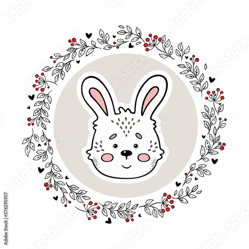 Animal logo isolated on white background. Hand drawn rabbit in circle doodle vector frame. Vintage style. Perfect for nursery, kids apparel, greeting, invitation, and wish cards. Baby shower theme. photo