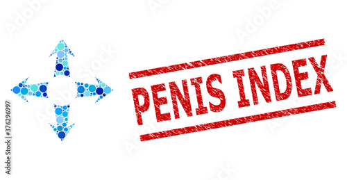 Circle mosaic expand arrows and PENIS INDEX grunge stamp imitation. Stamp includes PENIS INDEX text between parallel lines. Vector collage is based on expand arrows icon,