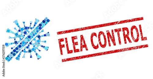 Round dot collage remove covid virus and FLEA CONTROL corroded stamp. Stamp seal includes FLEA CONTROL text between parallel lines. Vector collage is based on remove covid virus icon,
