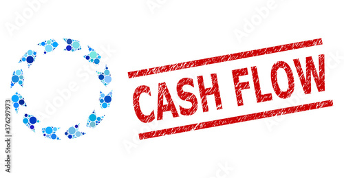 Circle collage circulation and CASH FLOW dirty stamp print. Stamp seal includes CASH FLOW tag between parallel lines. Vector collage is based on circulation icon,