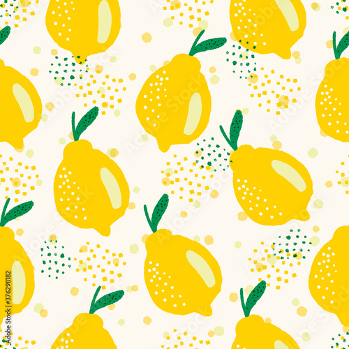 Seamless summer vector pattern with whole yellow lemons with leaves. Tropical background in hand drawn cartoon style. Colorful citrus backdrop for textile, fabric, decoration, digital paper.