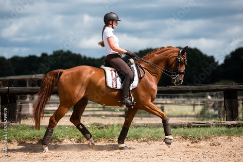 Reiterin trabt mit ihrem Pferd über einen Reitplatz während eines Dressur trainings © Talitha