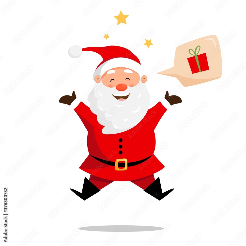Cute jumping santa claus character with speech bubble. Vector illustration for christmas greeting cards design Cute jumping santa claus character with speech bubble. Vector illustration for christmas greeting cards design