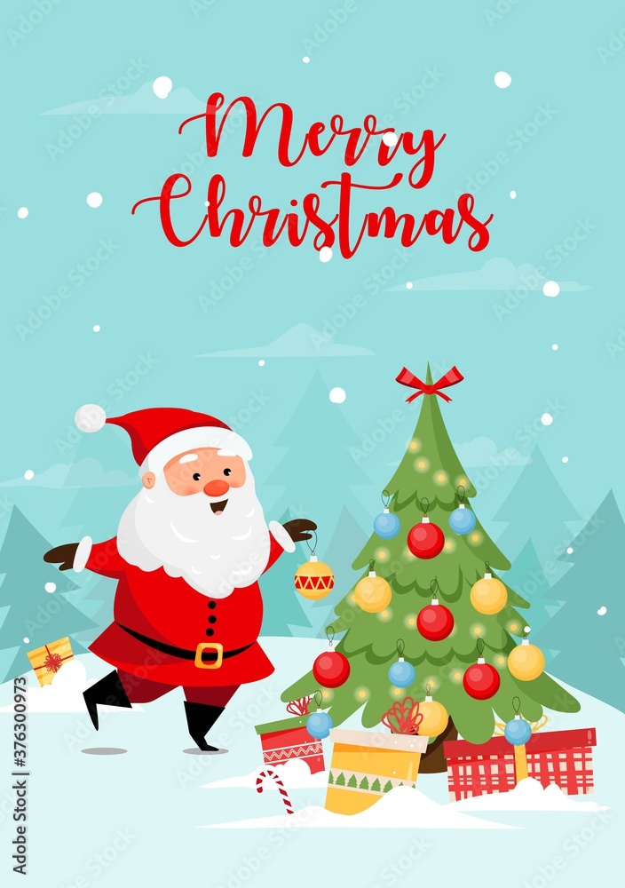 Greeting card with santa claus decorating christmas tree on snow forest background. Vector illustration