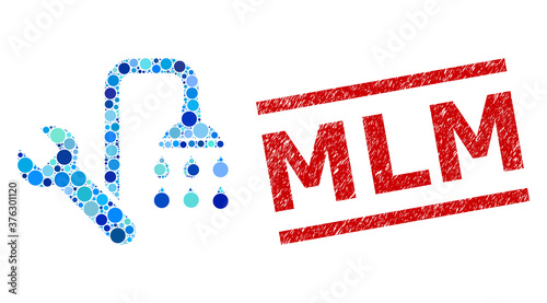 Circle mosaic plumbing and MLM grunge seal. Seal includes MLM text between parallel lines. Vector mosaic is based on plumbing symbol, and organized of randomized blue circle items.
