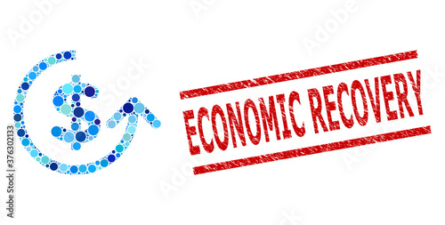 Circle mosaic chargeback and ECONOMIC RECOVERY grunge seal. Stamp seal includes ECONOMIC RECOVERY tag between parallel lines. Vector mosaic is based on chargeback icon,