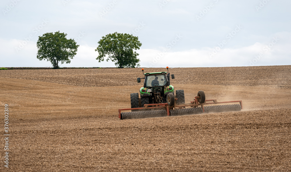 Fototapeta premium Farmer ploughing a field with his tractor equipped with a roll and press to prepare the soil before planting. Two trees isolated in the background. 