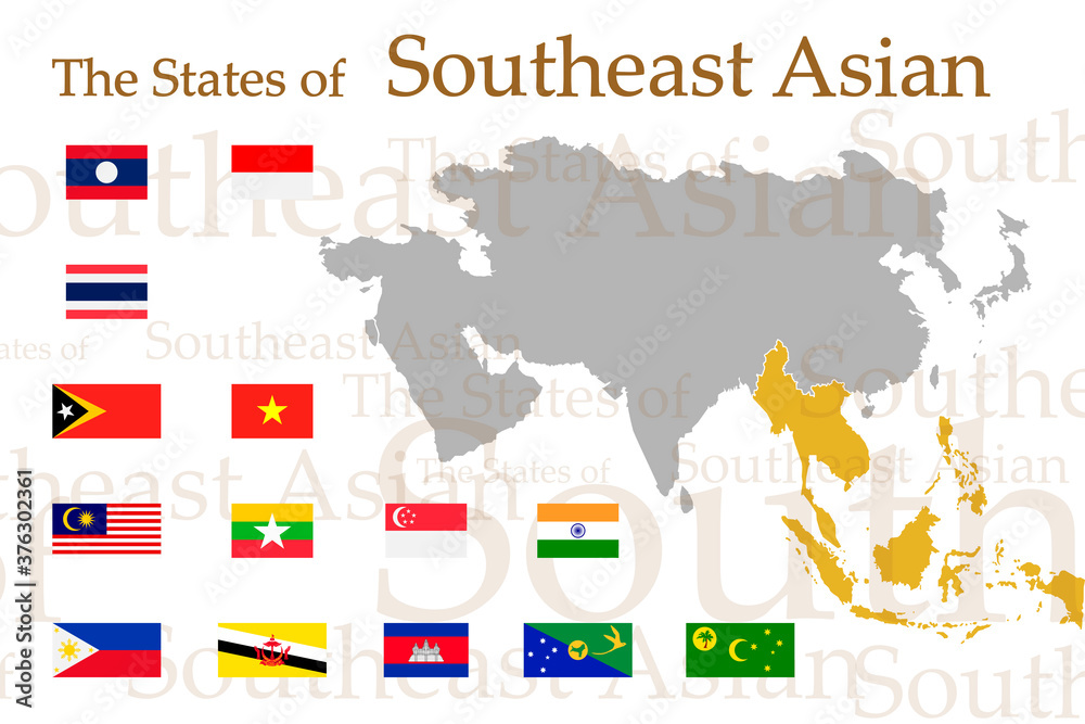 Set icons flags of South-East Asia. Vector image of flags and geographical map of Asia on a white background. You can use it to create a website, print brochures, booklets, leaflets, and travel guides