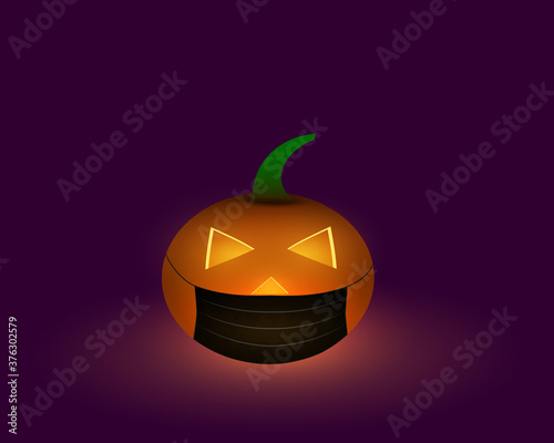 NyomtatottShiny pumpkin lantern with black face mask. Halloween design on a dark purple background.