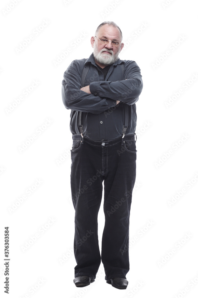 handsome, bearded man in trousers with suspenders. isolated on a white handsome, bearded man in trousers with suspenders. isolated on a white