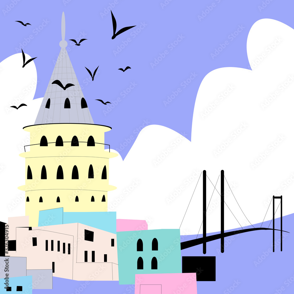 Vector stylish abstract illustration of Istanbul. Tower galata and  Bosphorus bridge. Turkish city for printing on posters, magnets, advertising brochures, postcards and more.